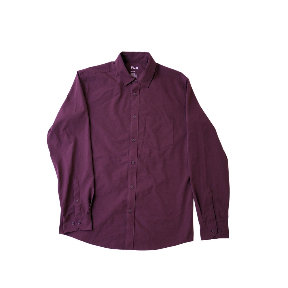 FLX Mens Medium Tall Long Sleeve Button Down Shirt Plum Purple Stretch Pocket